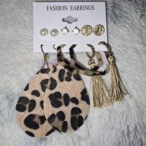 Fashion Earrings 6 Pair Set — Leopard Teardrop & Gold Tassel Earrings